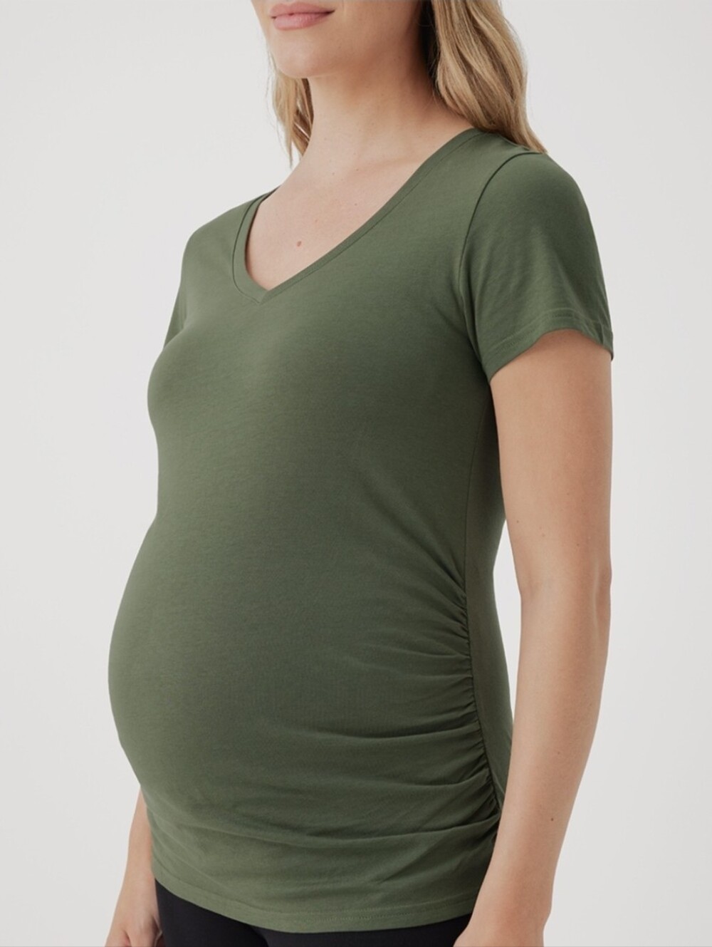Pact Olive Maternity Ruched V-Neck Tee Size S